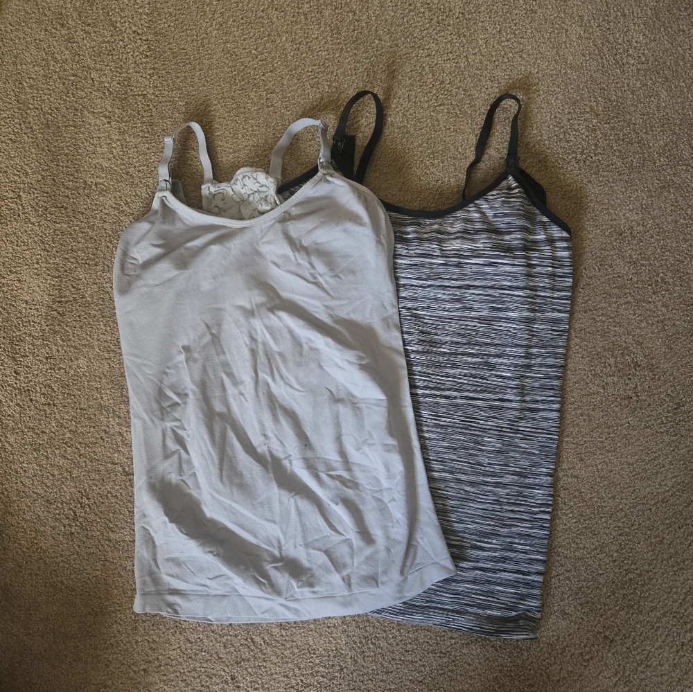 Bundle Of 2- Breastfeeding- Maternity- Gray and Black- Striped Tank Tops- Large